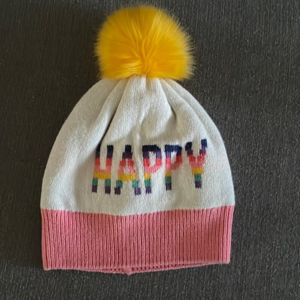 Gap Kids Happy Hat Yellow PomPom organic White with pink Mulitcolor Happy
